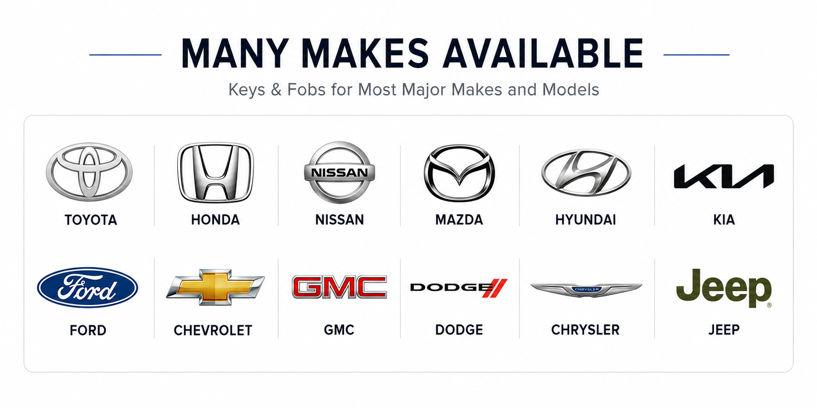Vehicle makes supported by Boreal Car Keys including Toyota Honda Nissan Mazda Hyundai Kia Ford Chevrolet GMC Dodge Chrysler and Jeep
